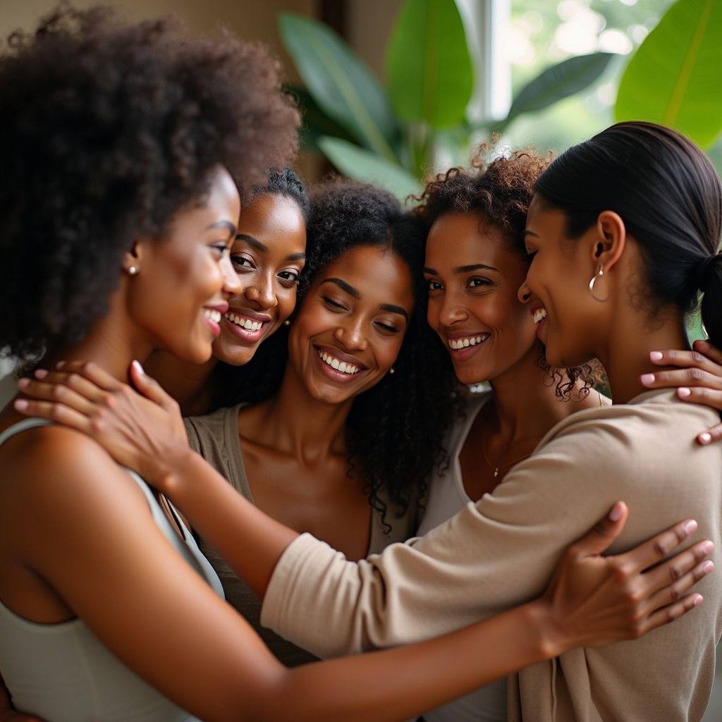 Group of women embracing and smiling together in support